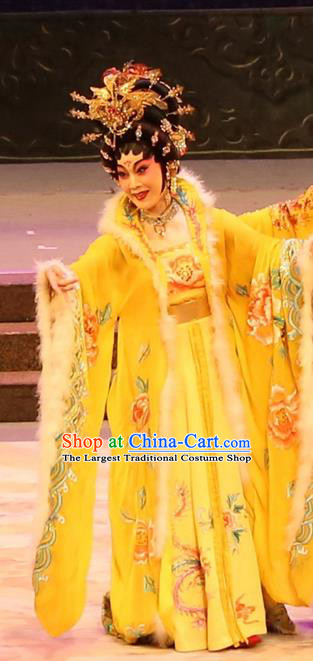 Chinese Cantonese Opera Young Beauty Garment the Ode of Peony Costumes and Headdress Traditional Guangdong Opera Queen Apparels Actress Yellow Dress