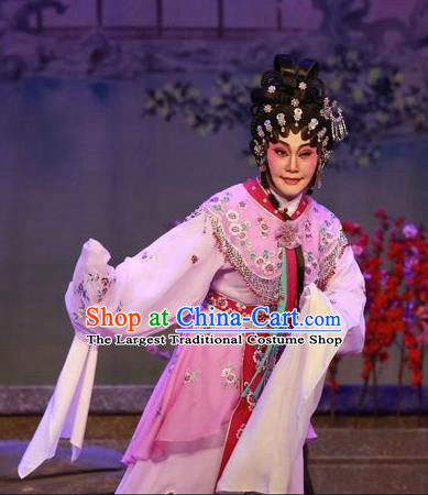 Chinese Cantonese Opera Actress Garment Costumes and Headdress Traditional Guangdong Opera Diva Lin Daiyu Apparels Distress Maiden Pink Dress