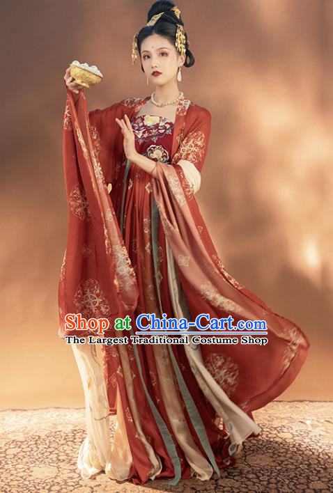 Chinese Traditional Tang Dynasty Court Woman Historical Costumes Ancient Imperial Consort Red Hanfu Dress Apparels Complete Set