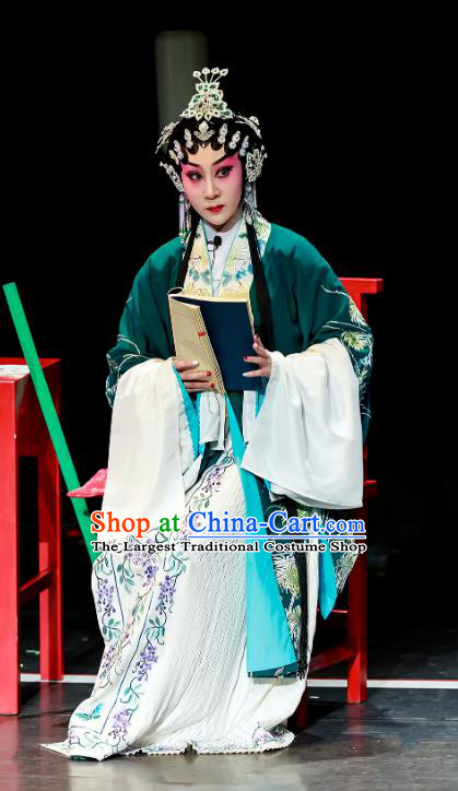 Chinese Cantonese Opera Diva Garment Fu Shi San Sheng Meng Costumes and Headdress Traditional Guangdong Opera Hua Tan Apparels Young Female Green Dress