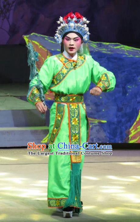 The Strange Stories Chinese Guangdong Opera Wusheng Apparels Costumes and Headwear Traditional Cantonese Opera Martial Male Garment Pang Biao Green Clothing