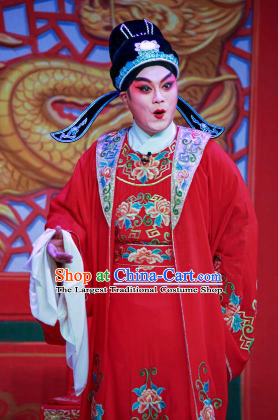 San Xiao Yin Yuan Chinese Guangdong Opera Bridegroom Apparels Costumes and Headwear Traditional Cantonese Opera Scholar Tang Bohu Garment Wedding Clothing