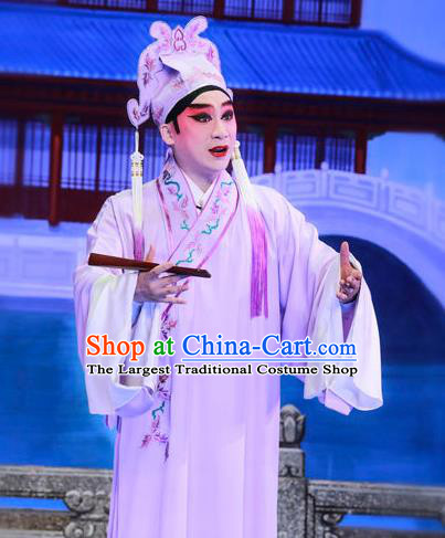 San Xiao Yin Yuan Chinese Guangdong Opera Scholar Tang Bohu Apparels Costumes and Headwear Traditional Cantonese Opera Young Male Garment Gifted Youth Clothing