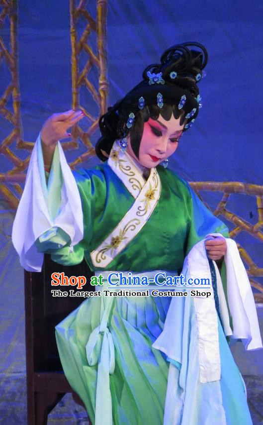 Chinese Cantonese Opera Country Woman Garment Wu Nv Bai Shou Costumes and Headdress Traditional Guangdong Opera Young Mistress Apparels Yang Sanchun Green Dress