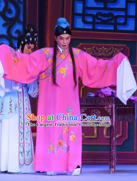 Chinese Guangdong Opera Peddler Apparels Costumes and Headwear Traditional Cantonese Opera Xiaosheng Garment Young Male Zhu Zhong Rosy Robe Clothing