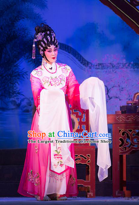 Chinese Cantonese Opera Princess Garment Wu Suo Dong Gong Costumes and Headdress Traditional Guangdong Opera Hua Tan Apparels Actress Rosy Dress