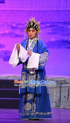 Chinese Cantonese Opera Rich Dame Garment Feng Guan Meng Costumes and Headdress Traditional Guangdong Opera Actress Apparels Mistress Blue Dress