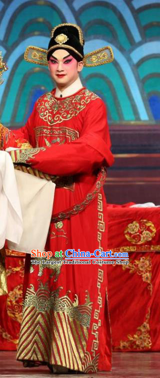 Feng Guan Meng Chinese Guangdong Opera Young Male Apparels Costumes and Headwear Traditional Cantonese Opera Xiaosheng Garment Bridegroom Shen Shaoqing Clothing