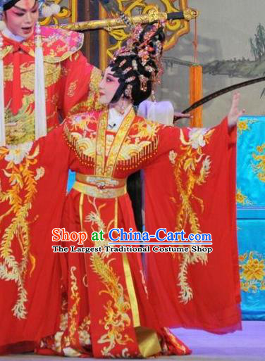 Chinese Cantonese Opera Hua Tan Garment The Sword Costumes and Headdress Traditional Guangdong Opera Young Beauty Apparels Princess Wang Lanying Red Dress