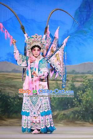 Chinese Cantonese Opera Tao Ma Tan Garment San Kan Yu Mei Costumes and Headdress Traditional Guangdong Opera Blues Apparels Female General Liu Jinding Dress with Flags