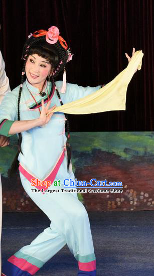 Chinese Cantonese Opera Young Lady Shui Mei Garment Dan Jia Nv Costumes and Headdress Traditional Guangdong Opera Fisher Maiden Apparels Village Girl Dress