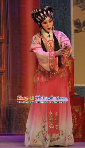 Chinese Cantonese Opera Xiaodan Garment Da Nao Mei Zhi Fu Costumes and Headdress Traditional Guangdong Opera Actress Apparels Young Lady Rosy Dress