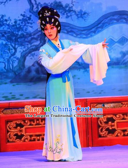 Chinese Cantonese Opera Diva Li Qianniang Garment Xu Jiujing Costumes and Headdress Traditional Guangdong Opera Actress Apparels Hua Tan Blue Dress