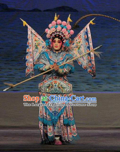 Chinese Cantonese Opera Female General Garment Fan Lihua Return Tang Costumes and Headdress Traditional Guangdong Opera Tao Ma Tan Apparels Dress with Flags