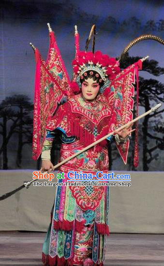 Chinese Cantonese Opera Female General Armor Garment Fan Lihua Return Tang Costumes and Headdress Traditional Guangdong Opera Apparels Tao Ma Tan Dress with Flags