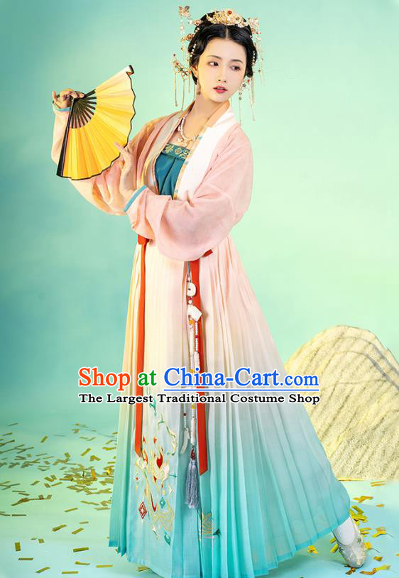 Asian Chinese Traditional Song Dynasty Nobility Lady Hanfu Apparels Ancient Young Female Historical Costumes Beizi Blouse and Pleated Skirt Full Set