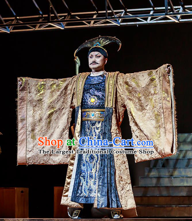 Chinese Traditional Stage Performance King Qi Apparels Costumes Historical Drama The Prince of Lanling Ancient Monarch Garment Elderly Male Clothing and Headwear