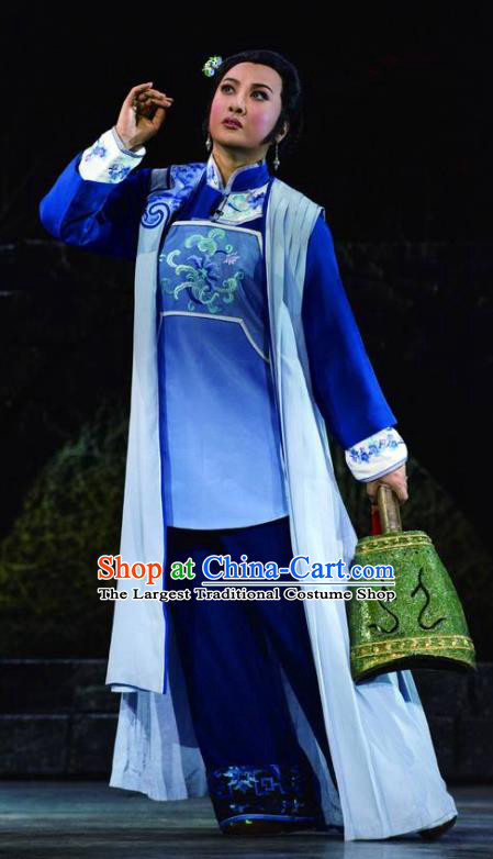 Chinese Sichuan Opera Highlights Young Mistress Ge Laifeng Garment Costumes and Headdress The Sound of Bell Traditional Peking Opera Diva Blue Dress Apparels