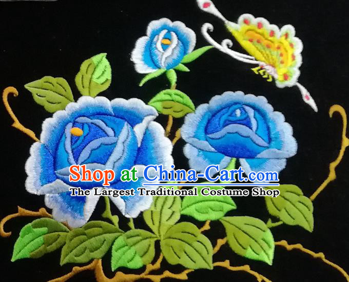 Chinese Traditional Embroidered Blue Peony Butterfly Pattern Cloth Patch Decoration Embroidery Craft Embroidered Accessories