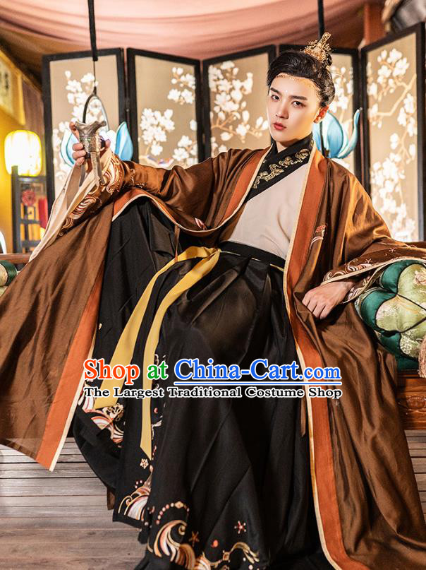 Traditional Chinese Song Dynasty Noble Childe Hanfu Apparels Ancient Prince Embroidered Cloak and Shirt Skirt Historical Costumes Full Set for Men