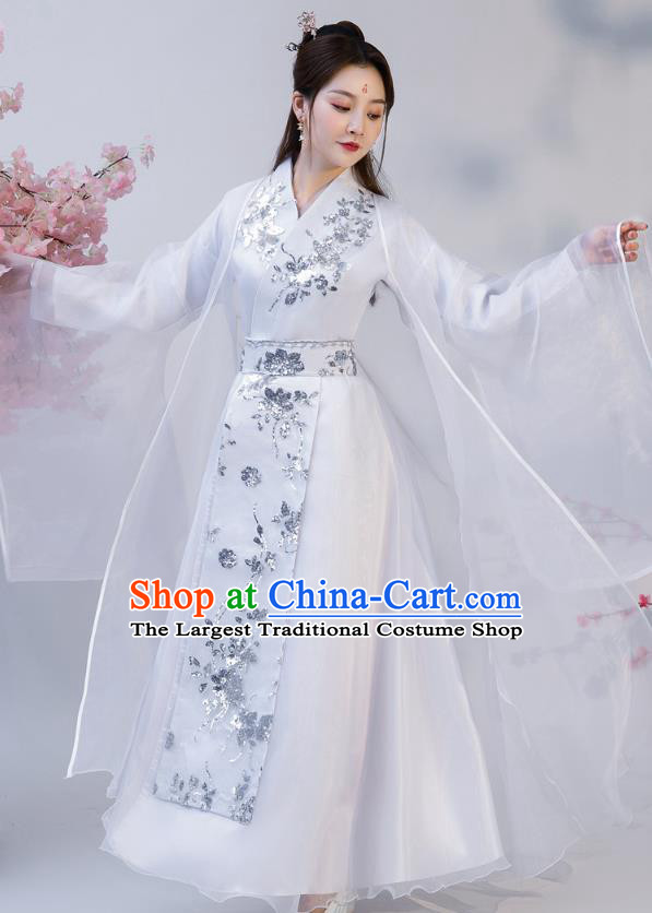 Chinese Ancient Drama Female Swordsman White Hanfu Dress Apparels Traditional Ming Dynasty Heroine Historical Costumes for Women