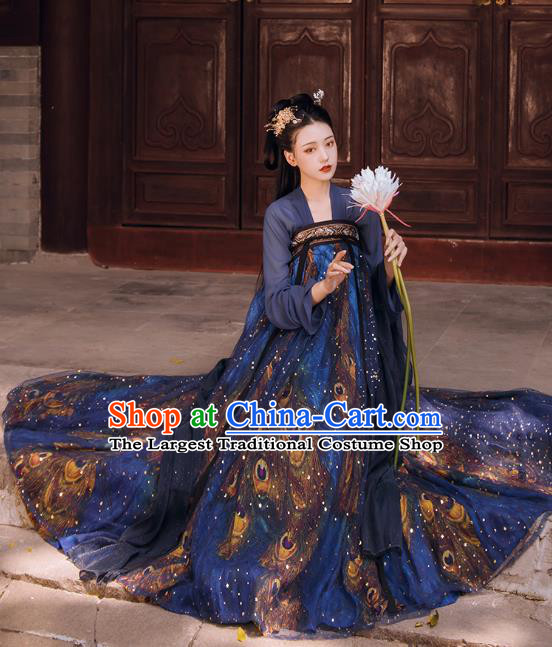 Chinese Traditional Tang Dynasty Royal Infanta Historical Costumes Ancient Princess Navy Hanfu Dress Apparels