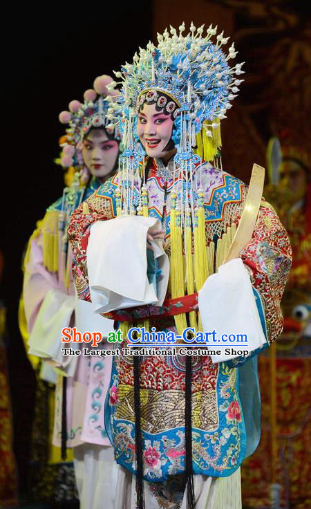 Chinese Hebei Clapper Opera Diva Garment Costumes and Headdress Wang Baochuan Traditional Bangzi Opera Imperial Empress Dress Queen Apparels