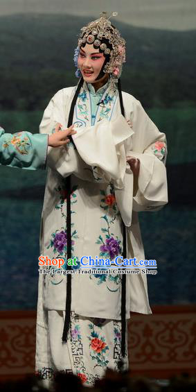 Chinese Hebei Clapper Opera Hua Tan Bai Suzhen Garment Costumes and Headdress Madam White Snake Traditional Bangzi Opera Actress Dress Young Beauty Apparels