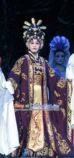 Chinese Hebei Clapper Opera Actress Garment Costumes and Headdress Te Bai City Traditional Bangzi Opera Empress Purple Dress Queen Apparels