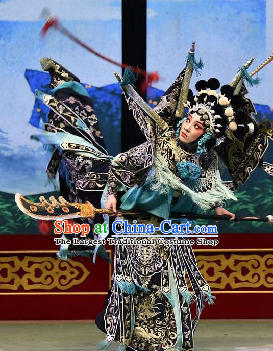 Chinese Hebei Clapper Opera Martial Female Garment Costumes and Headdress Broadsword Wang Huainv Traditional Bangzi Opera Tao Ma Tan Dress Black Kao Apparels with Flags