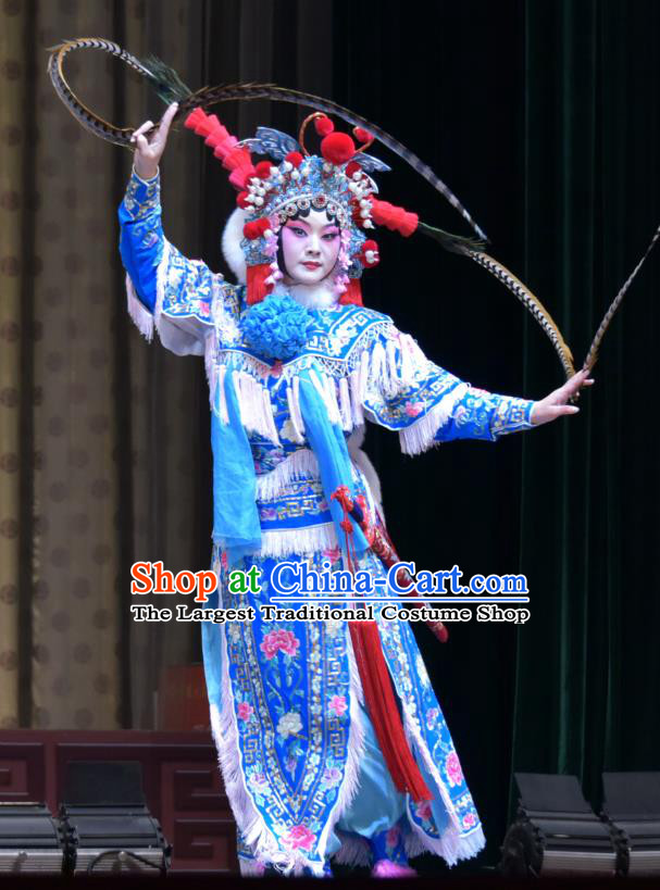 Chinese Hebei Clapper Opera Martial Female Hu Sanniang Garment Costumes and Headdress Hu Jia Zhuang Traditional Bangzi Opera Actress Dress Wudan Apparels