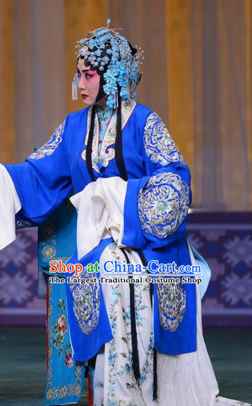 Chinese Hebei Clapper Opera Young Woman Garment Costumes and Headdress The Butterfly Chalice Traditional Bangzi Opera Mistress Dress Hua Tan Blue Apparels