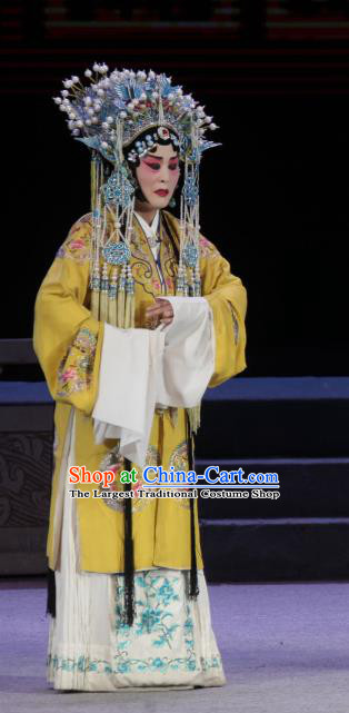 Chinese Shanxi Clapper Opera Empress Garment Costumes and Headdress Traditional Bangzi Opera Hua Tan Yellow Dress Queen Apparels