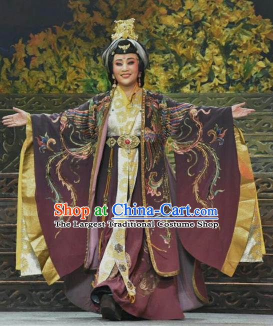 Chinese Shanxi Clapper Opera Noble Dame Garment Costumes and Headdress Ping Cheng Fu Traditional Bangzi Opera Empress Dowager Feng Dress Elderly Female Apparels