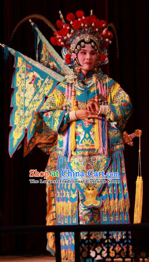 Chinese Shanxi Clapper Opera Martial Female Mu Guiying Garment Costumes and Headdress Ba Lang Ci Xiao Traditional Bangzi Opera Tao Ma Tan Dress Kao Apparels with Flags