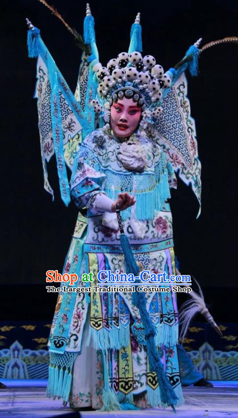 Chinese Shanxi Clapper Opera Tao Ma Tan Mu Guiying Garment Costumes and Headdress Women General of Yang Family Traditional Bangzi Opera Dress Apparels with Flags