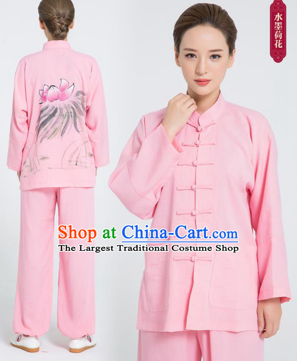 Professional Chinese Hand Painting Lotus Tai Chi Pink Flax Blouse and Pants Outfits Martial Arts Shaolin Gongfu Costumes Kung Fu Training Garment for Women