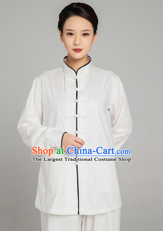 Top Grade Chinese Tai Ji Training White Linen Uniforms Kung Fu Martial Arts Costume Shaolin Gongfu Blouse and Pants for Men