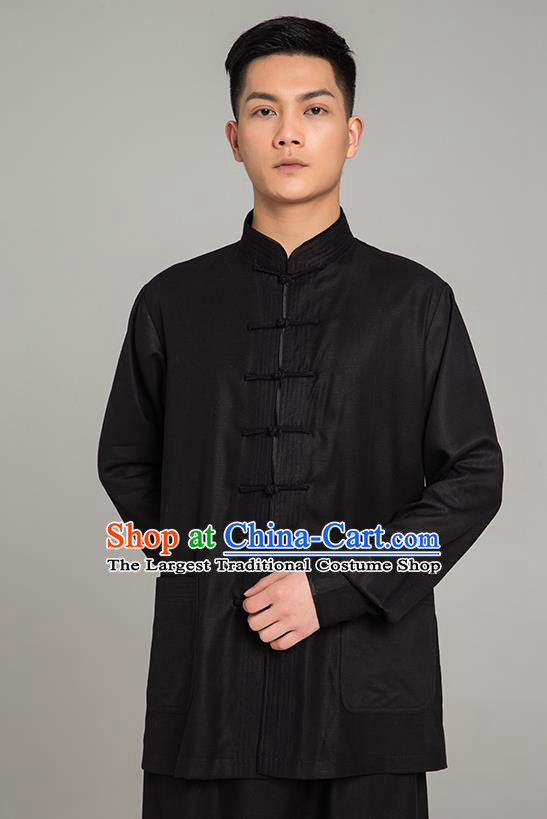 Top Grade Chinese Tai Ji Training Black Linen Uniforms Kung Fu Martial Arts Costume Shaolin Gongfu Blouse and Pants for Men