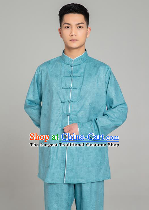 Top Grade Chinese Tai Ji Jacquard Teal Linen Uniforms Kung Fu Martial Arts Training Costume Shaolin Gongfu Blouse and Pants for Men