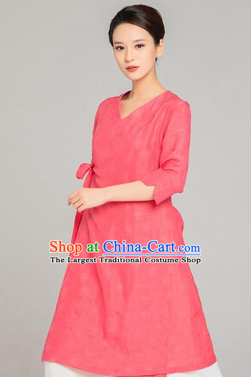 Asian Chinese Traditional Tang Suit Rosy Flax Blouse Martial Arts Costumes China Kung Fu Upper Outer Garment Dress for Women