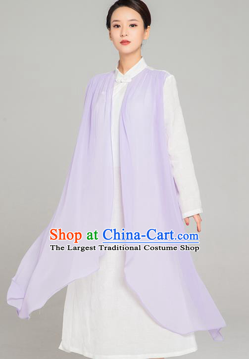 Asian Chinese Traditional Tang Suit Lilac Chiffon Cloak Dress Martial Arts Costumes China Kung Fu Garment for Women