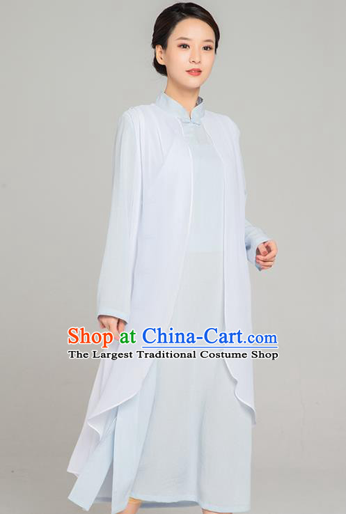 Asian Chinese Traditional Tang Suit Chiffon Cloak Light Blue Dress Martial Arts Costumes China Kung Fu Garment for Women