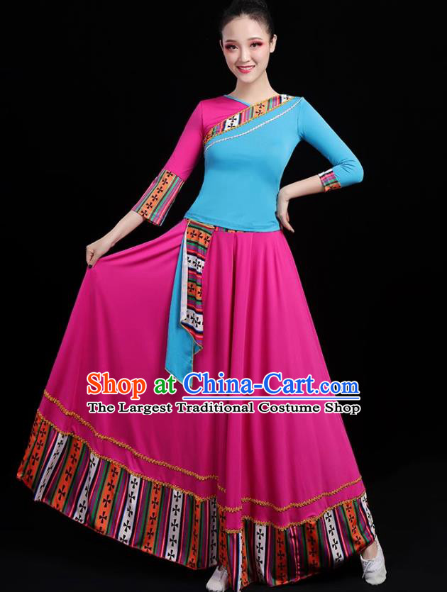 Traditional Chinese Folk Dance Costumes Stage Show Garment Rosy Dress for Women