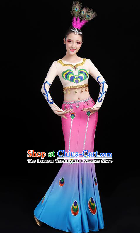 Chinese Traditional Dai Ethnic Dance Costumes Folk Dance Apparels Minority Peacock Dance Blouse and Skirt for Women