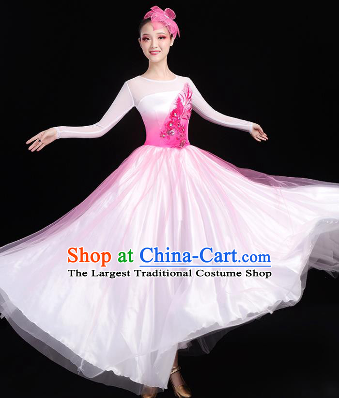 Traditional Chinese Opening Dance Costumes Stage Show Modern Dance Garment Chorus Group Pink Veil Dress and Headpiece for Women