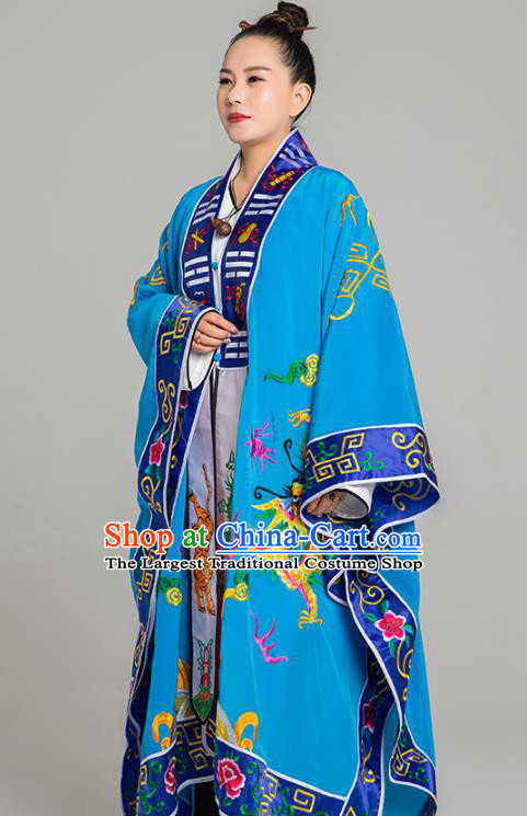 Traditional Chinese Embroidered Dragon Blue Gown Taoist Nun Koshibo Priest Frock Martial Arts Costumes China Taoism Tai Chi Garment for Women