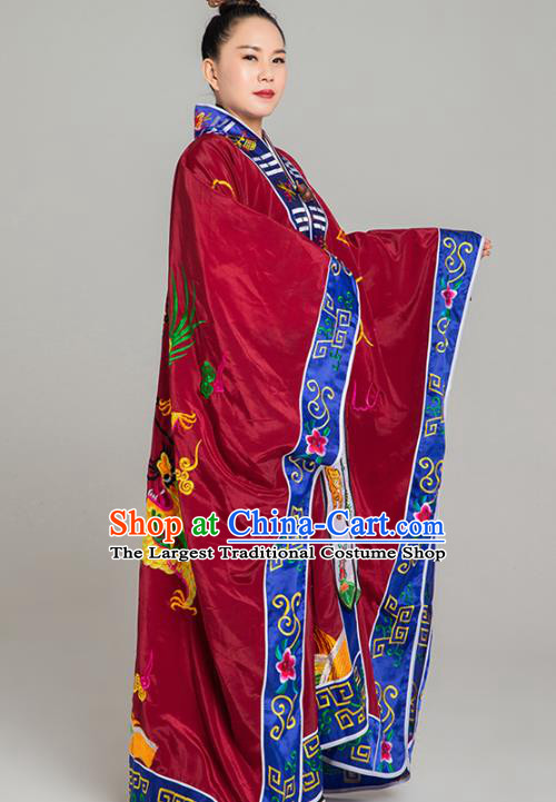 Traditional Chinese Embroidered Dragon Purplish Red Gown Taoist Nun Koshibo Priest Frock Martial Arts Costumes China Taoism Tai Chi Garment for Women