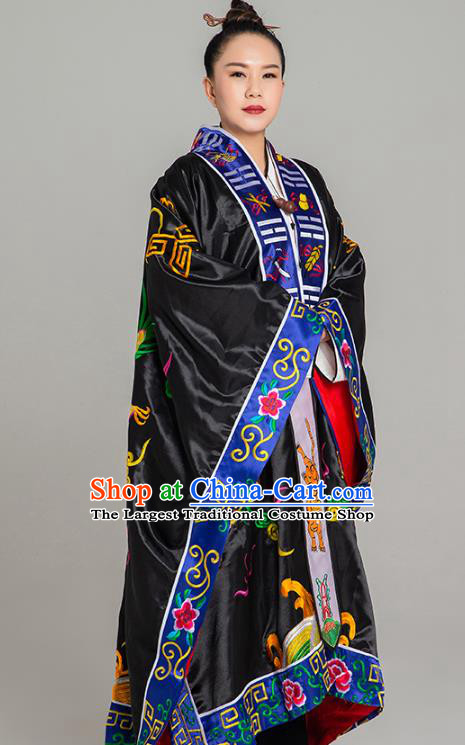 Traditional Chinese Embroidered Black Silk Gown Priest Frock Martial Arts Costumes China Taoism Taoist Nun Tai Chi Garment for Women