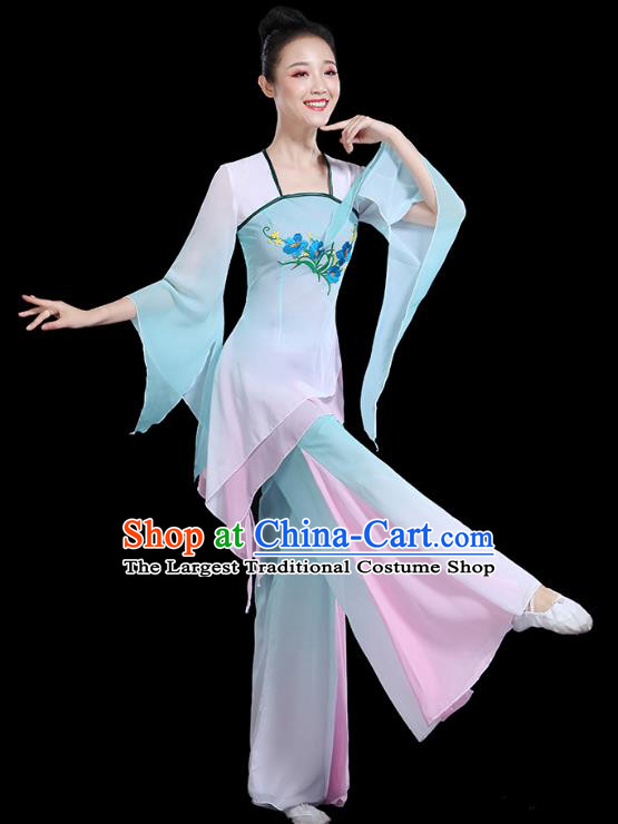 Traditional Chinese Fan Dance Costumes Stage Show Classical Dance Garment Umbrella Dance Blue Blouse and Pants for Women